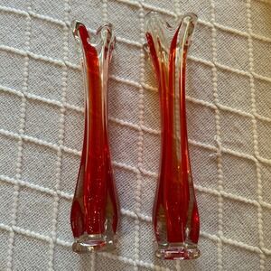 Vintage Red Glass Bud Tulip Swung‎ Vases Set of 2 Made in Japan MCM